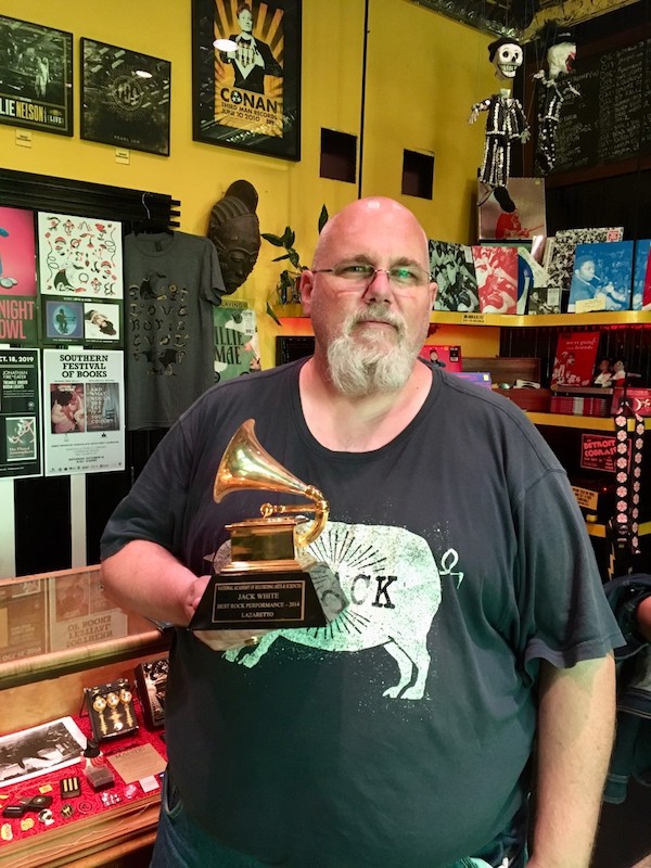 Me holding Jack White's Grammy for Best Rock Performance in 2014 for Jack's album 'Lazaretto' at Third Man Records in Nashville, TN.